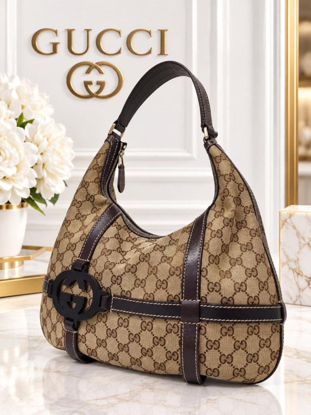 Authentic Gucci Interlocking GG Canvas Hobo Shoulder Bag Brown Leather Vintage